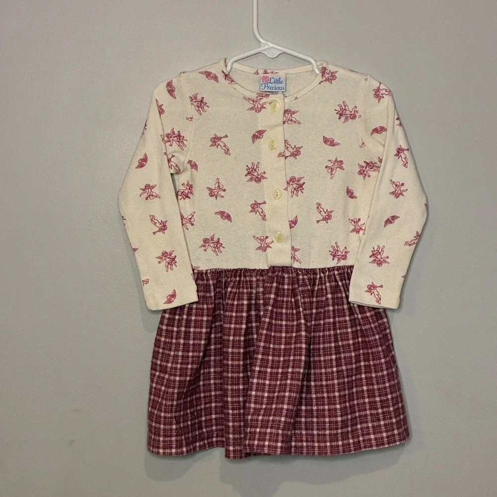 Vintage 90s Little Precious‎ Girls 4T Valentine Angel Dress Plaid USA Made Cupid